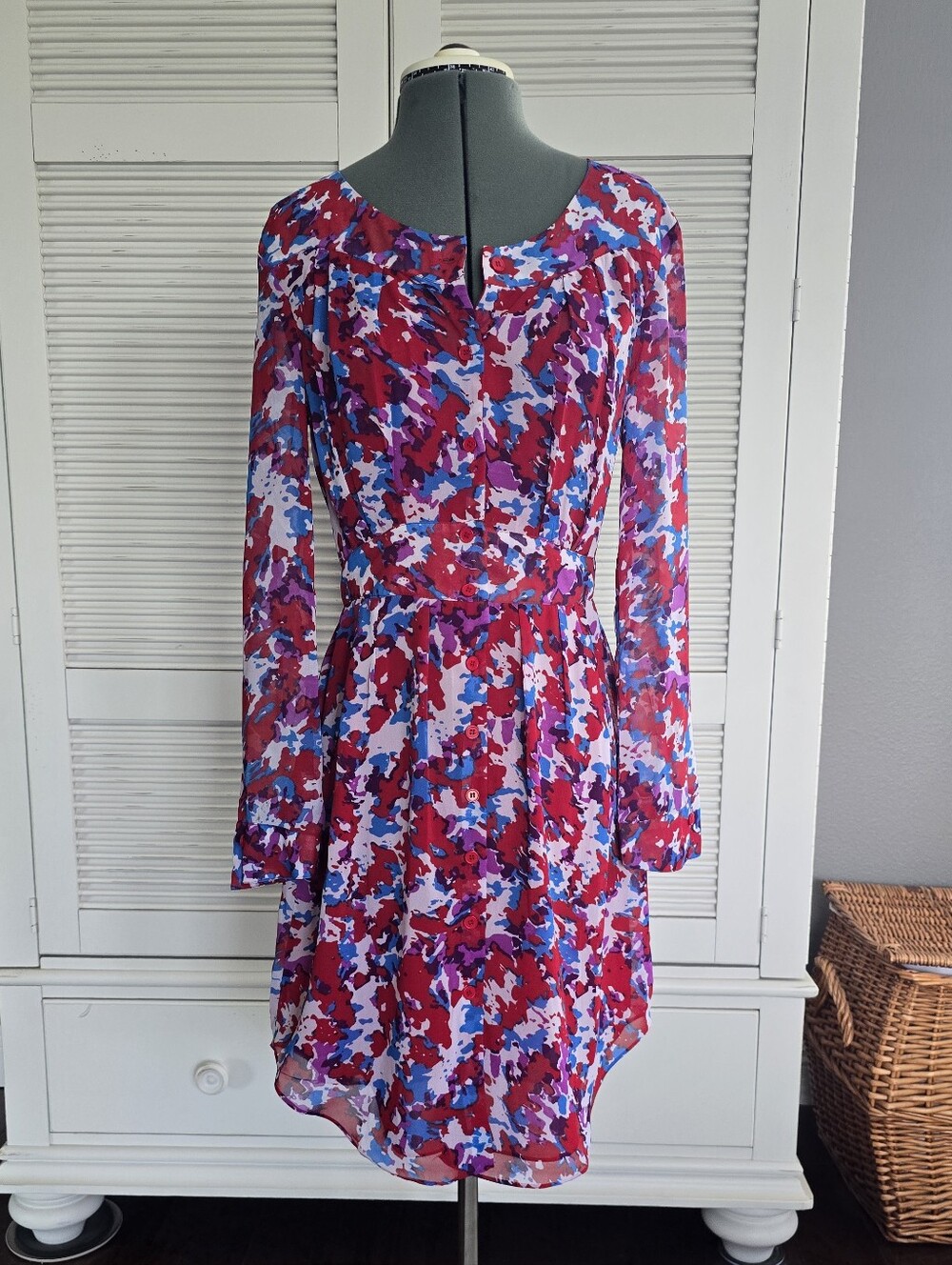 W118 Walter Baker Long-Sleeve Floral Dress in Red, Blue and Whitewith Purple.